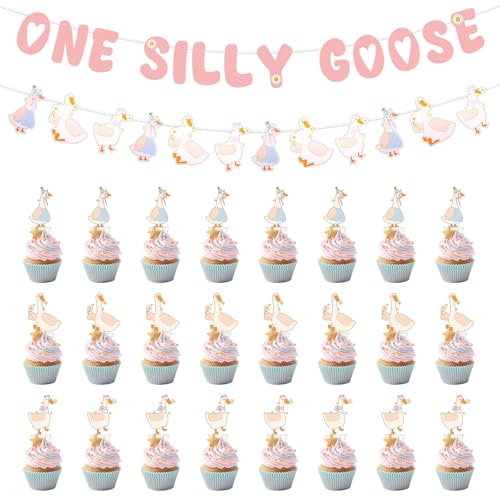 One Silly Goose Banner, voorgerekt Pink Goose 1e verjaardag Banner Decoratie schattige muur Garland voor baby douche Thema Feest Foto Achtergrond