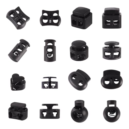 48st Cord Locks Spring Tumble Black Plastic Cord End Locks 8 Styles Legering koord Schakel Ends Sluiting Knoppen Rocker Sliders voor Trekkoord Rugzak Schoenacee