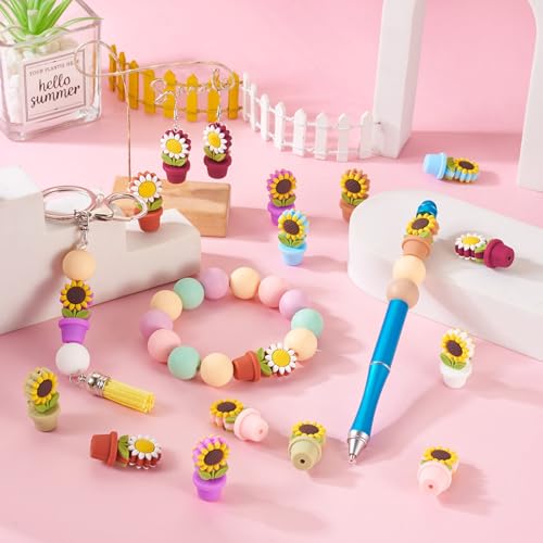 16 st Zonnebloem Bloem Pot Siliconen kralen voor Pen Keychain sieraden maken centrum geborsteld bloem spacer kralen voor armbanden ketting