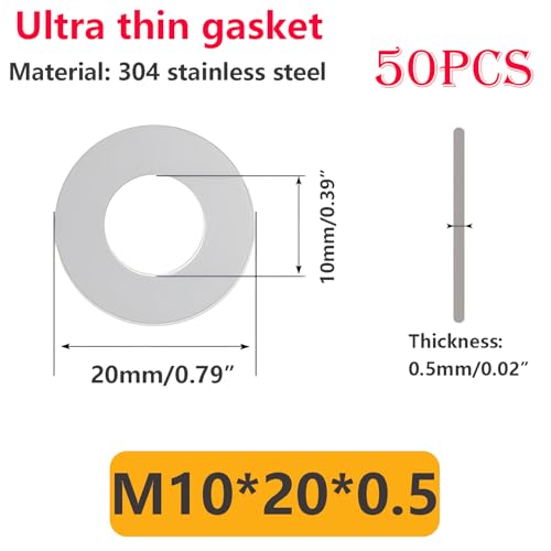 50 stuks platte ringen, M10 x 20 x 0,5 mm ronde ringen, 304 roestvrij staal platte ringen, voor schroeven en noten