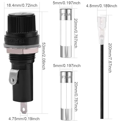 Fusehouders voor paneelbevestiging, 6 x 30 mm, 250 V, AC 10 A, 125 V AC 15 A, Fuse houder met zwarte schroefdop voor automatische stereoradio, huishoudelijke apparaten, Pak van 10