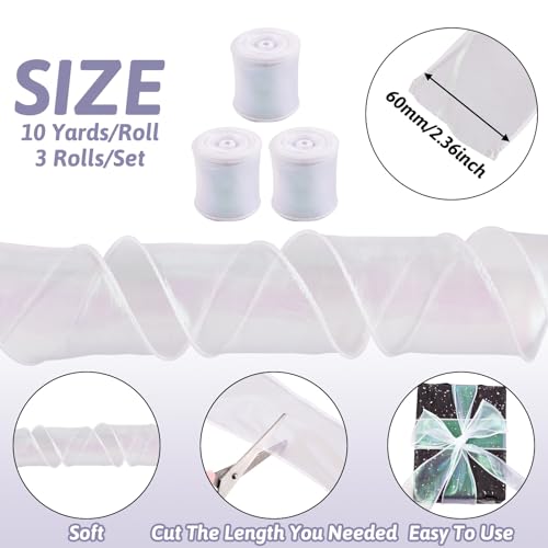 3 Rolls Polyester Sparkling Sheer Ribbon 60mm White Pastel Glittering Iridescent Chiffon Libbons voor Trouwkleding Bow Bloem Decoratie