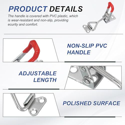 Toggle Latch Clamp 4001 Style, 4Scs Roestvrij staal verstelbare Klemmen Snel Release Roker trekken Hasp Latches 220lbs Bearing for Box Lid Jig, Zilver 3