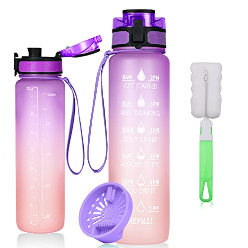 Sport Waterfles 1000 ml Tritan BPA Gratis met stro en tijdstempel voor volwassenen Sport Fitness School kleurverloop paars/oranje