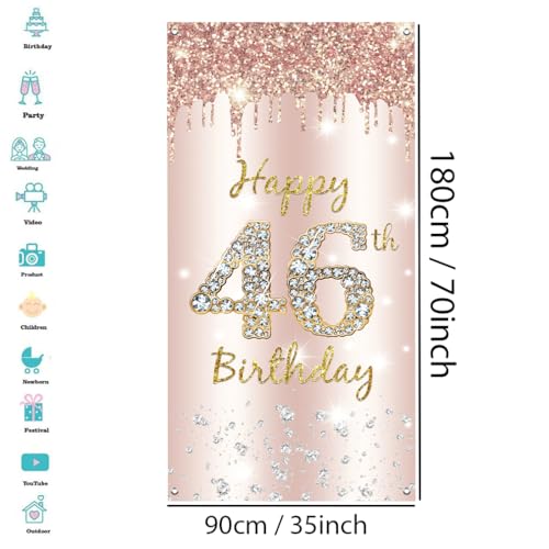 46e Verjaardag Decoratie - Gelukkige Verjaardag Deur Banner Rose Gold, Stof Tekenposter, Achtergrond Banner voor Vrouwen, Verjaardagsfeest Welkom Teken