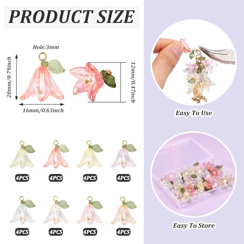 Lily bloem bedels met parel kralen groen blad bloem acryl hangers bloemblaadjes bungelen bedels voor DIY ketting oorbellen sieraden maken, 32 stukken, acryl, acryl 3