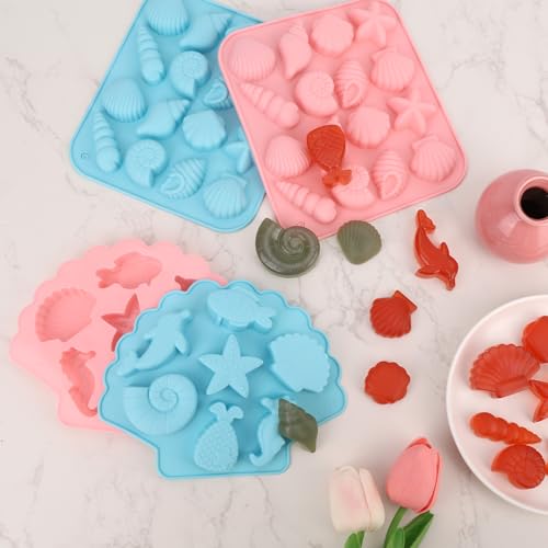 4 Stampi per Fondente a Tema Marino, 2 Misselijke Stampi in Silicone a Forma di Conchiglia Stella Marina Accessorio per la Cottura fai da te di Cioccolato Caramelle e Fondente (Blue and Pink) 3