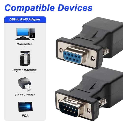 DB9 Plug naar RJ45 Socket, seriële adapter met DB9 Bus naar RJ45 Jack, seriële adapter, 120 Ohm RS232 Ethernet Converter voor standaard 9-Pin RS232 apparaten (pakket van 4) 3
