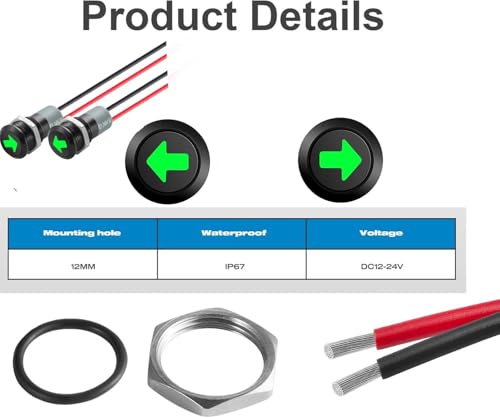 1st 12V/24V Ronde metalen waterdichte signaallamp, LED-indicatorlamp, 12mm Plate Mount DC LED-indicatorlamp, waarschuwingslamp, indicatorlamp met 26 AWG 150mm-kabel 3