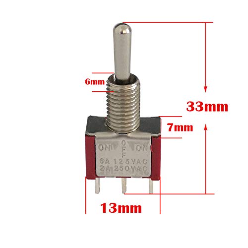 Mini-aanschakelschakelaar AC 125 V 6 A / 250 V 2 A SPDT ON-OFF-ON, 3 Pins, 3 Positions, Voor schepen en instrumentenbord, Rood, 10 stuks 4