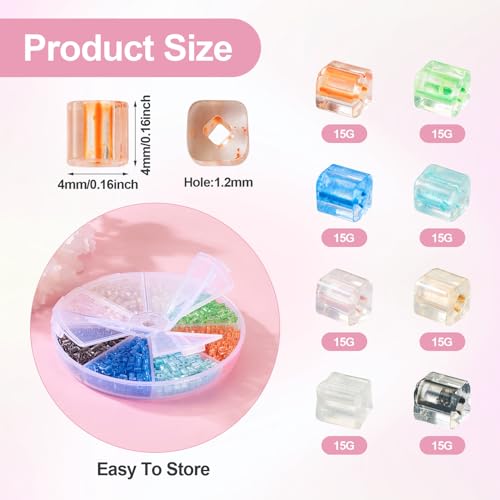120G Vierkante Glazen Zaad Kralen 8 Kleuren Transparant Glas Vierkante Gat Losse Spacer Kralen 4mm Vierkante Glazen Kralen voor DIY armband ketting sieraden maken 4