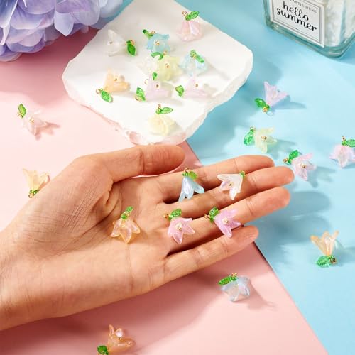 Acryl Lily Flower Bedels met glazen parel kralen, Green Leaf Flower Hangers Petal Flowers Hangen Charms voor DIY ketting oorbellen sieraden maken, acryl, acryl 5