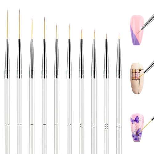Microtype Nagel penseelset, 10 stuks dun nagelborstel, transparante handgreep, vingernagelborstel, patroonontwerp, tekengereedschap voor details, fijne stippen, 7/9/12/18/24 mm