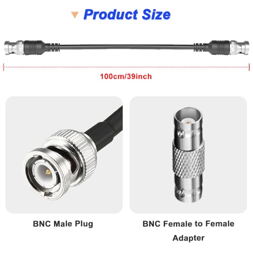 BNC Coaxiale Verlengkabel, BNC Plug aan Plug, Adapter, Low Loss, 50 Ohm, RG58 Kabel met BNC F-F Adapter (1m/39 inch, 2st)