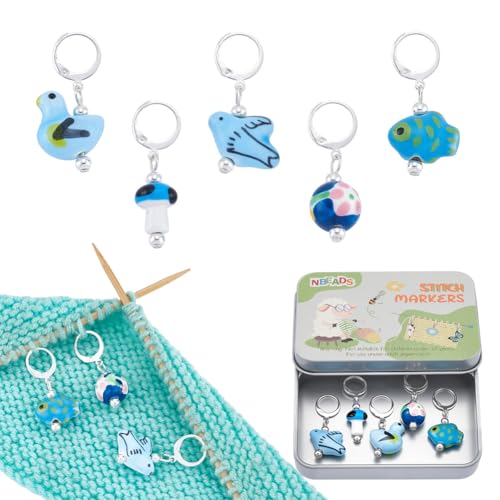 5Stuks 5 Styles Porselein Stitch Markers, Blue Series Breien Sloting Hook Stitch Markering met Leverback oorbellen voor het breien haak Quilting sieraden maken
