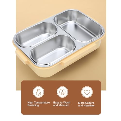 Lunchbox van roodvrij staal, 1,2 l, verwarmde zakken met 3 verdeelde lunchzakken, rechtshoekige voedercontainer voor snacks, sandwiches, fruit, (geel) 4