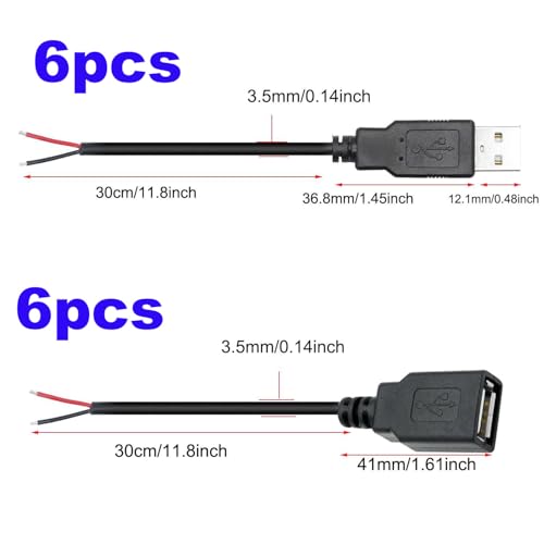 12st Pigtail USB, 2 Wires USB-A, Bare Wire, USB-A Man, Vrouwelijke Plain Wire, USB 2.0 Kabel om te baren kabel, 22 AWG DIY Pigtail Power Kabel, voor USB-apparaten