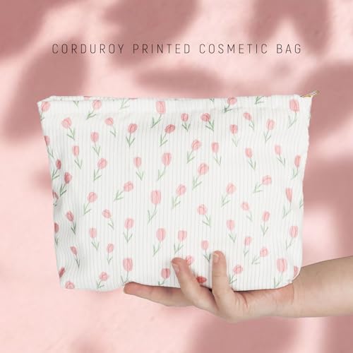 Cosmetic Bag Toiltry Bag Makeup Bag - Cosmetic Bag met bloemen patronen - Toiletartikelen Bag Dames met rits - Kleine cadeautjes voor vrouwen en meisjes, wit met tulpen, modern 4