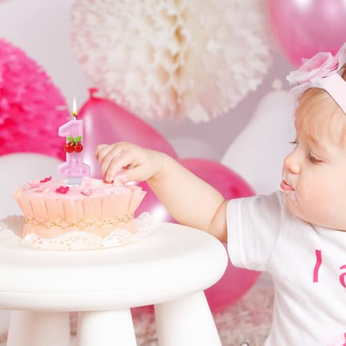 1e verjaardagskaars, Shiny Pink Number Candle Cute Cake Topper voor meisjes vrouwen eerste verjaardag decoratie verjaardag (Cherry B) 5