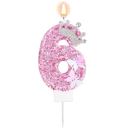 Roze Verjaardagskaarten met Cijfer, Glitterkroon Vlinder Sprankelend Pailletten Taartopper Decoraties voor Verjaardagsfeestjes Bruiloften Jubileums Vieringen (Cijfer 6)