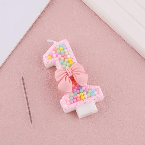 Roze Verjaardag Kaars nummer 1, 7.3cm Roze Bow 1e Verjaardag Cake Kaars Glitter Macaron Cake Topper voor meisjes Eerste verjaardag Anniversary Party Decoration 3