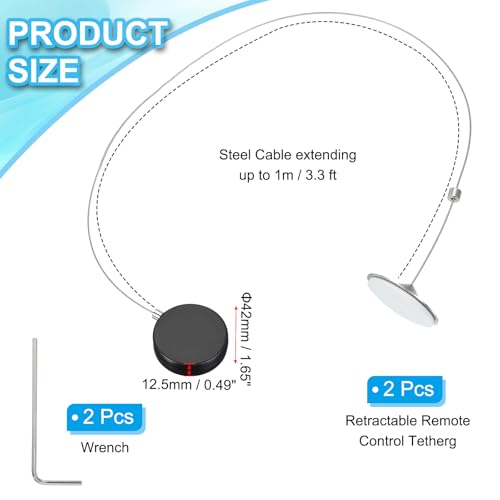 3,3 Ft intrekbare afstandsbediening Tether, 2 stuks ronde veiligheidskabel sleutelslot met dubbele ligm voor tv-afstandbediening gaming controller, zwart (ronde IJzeren dop)