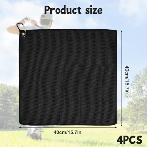 4 stuks Microvezel Golf Handdoek, 40 x 40 cm, Golf Handdoek met Clips, voor Golf, Camping, Sportschool (Zwart)