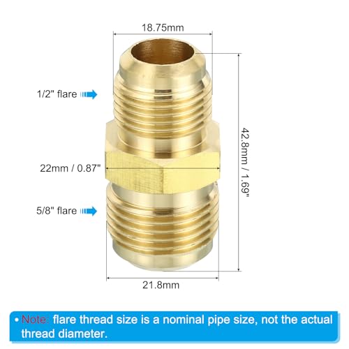 1/2" Man x 5/8" Man Messing Flare Union Connector, 2Scs Gas Adapter Messing Buis Koppelende Pijp Past voor slangen Fitting
