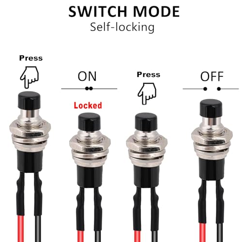 4 st. 7mm Pre-Wired Mini Zelfrem duwschakelaar, AAN/UIT 2 Pin ronde drukknop voor auto, boot, Arduino, DIY, AC 250V/1.5A, 125V/3A, Mini duwknop (rood zwart)