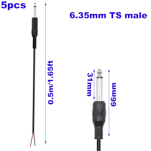 5st 6,35mm 1/4" TS to Bare Wire, 6,35mm Audiokabel, Speakerkabel, TS Pigtailkabel, Gitaarkabel, Monoplug, Kabel voor Reparatie Microfoon Speaker Kabel, Reparatie (0,5