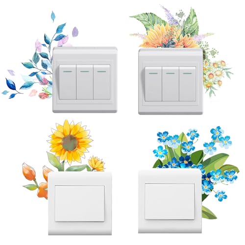 Lichtschakelaar Sticker,4st Kleurrijke bloemen Wandstickers Waterdichte lichtschakelaar Covers Decor Stickers Wandschakelaar Sticker voor woonkamer Slaapkamer Badkamer Keuken Office