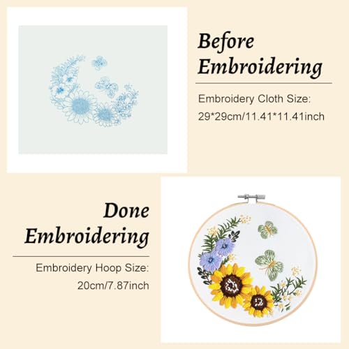 Borduurwerk Kits voor volwassenen, Beginners, Zonnebloem vlinder patroon borduren Starter Kit Eenvoudige Cross Stitch Kits met borduurwerk Kleding en Hoop, Naalden, Gekleurde Threads en instructie 4