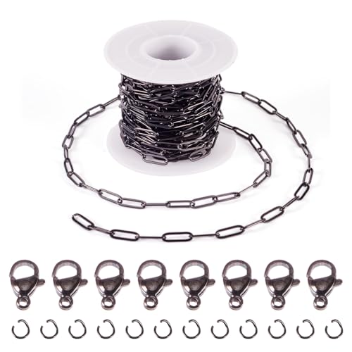 5M roestvrij staal paperclip ketting 12x4x1mm Black Oval Metal Kabel ketting armband ketting maken Kit met Jump Rings Klauw sluitingen voor DIY Sieraden maken