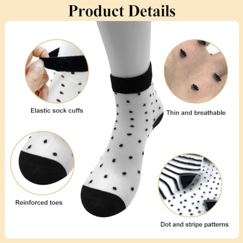 Pure Sokken, 4 paar ademende dunne sokken met gestreepte punten Ruffle Sokken Mesh Summer Enkelsokken voor vrouwen -zwart, wit, wit, zwart, 37-40 EU, wit, zwart 3