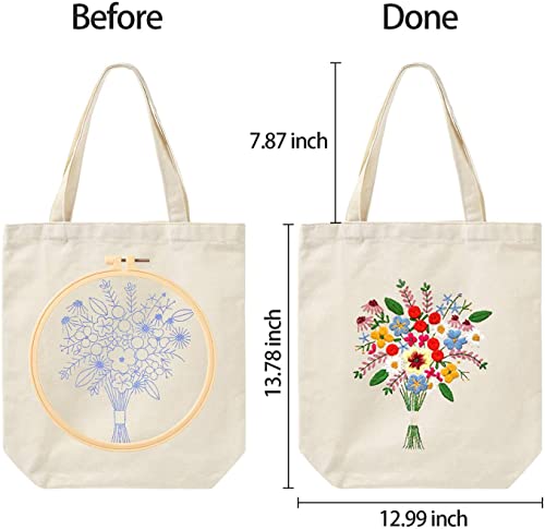 Canvas tote zak borduurwerk set met patroon en handmatig, inclusief bloemen borduurzak, bamboe borduurwerk frame, gekleurde borduurdraad en gereedschappen