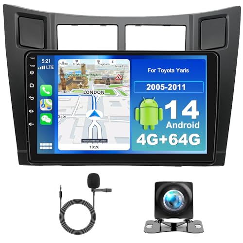 4G+64G Android 14 Autoradio voor Toyota Yaris 2005-2011 met draadloze CarPlay Android auto 9 Inch Touch Screen Radio met GPS WiFi Bluetooth FM SWC Microfoon + Rear View Camera