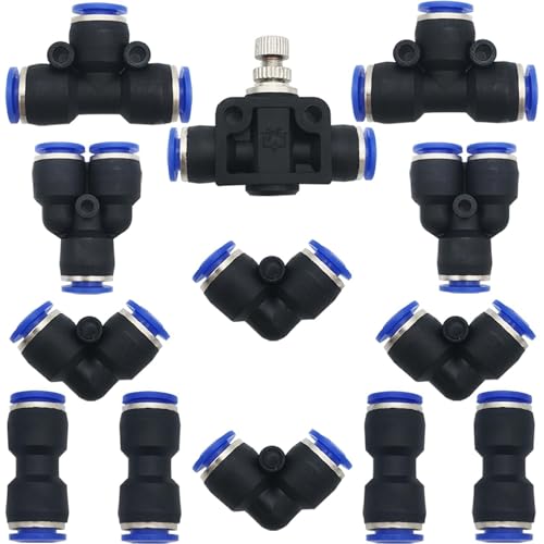 13-Piece Quick Coupling Air Push Kit, slang aansluiting, voor 10 mm PU/PE/Nylon Tube (Type Y + T + L + I + Combinatie slangventiel)