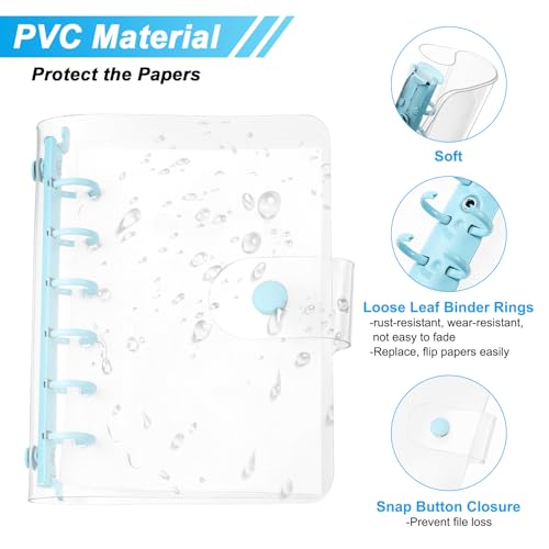 A7 Transparante Ring Binder Cover, Zachte PVC Losse Blad Folder Protector, Navulbare Notebook Cover met Snap Button Sluiting en 6 Blue Rings voor DIY Meeting Notebook Folder, Transparant 3