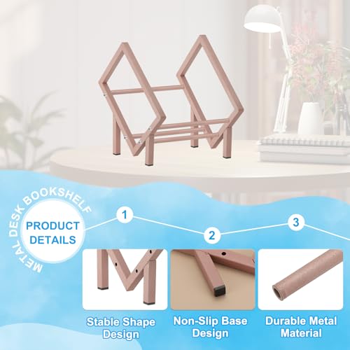 11.8" Tafelblad Boekenkast, Bureaublad Boekenkast Kleine tabel Top Boekenplank Roestvrij stalen Boekenkast Opbergen Organisator Rack voor Bureau Boeken Vinyl Record Holder Magazine, Rose Gold 3