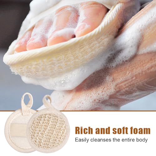 4 Stuks Natuurlijke Luffa-spons 8 x 8 Cm Loofah Lichaamsborstel, Herbruisbaar Peelingspons met Elastische Band, Ronde Loofah Spons Pad Natuurlijke Lufah Spons voor Mannen Vrouwen Douche Beige 4