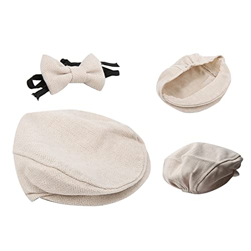 Flat Cap Gentleman Hat Bowtie Photography Prop Pas geboren Baby Fotografie Props Hat met Bow Tie Set(Beige), beige