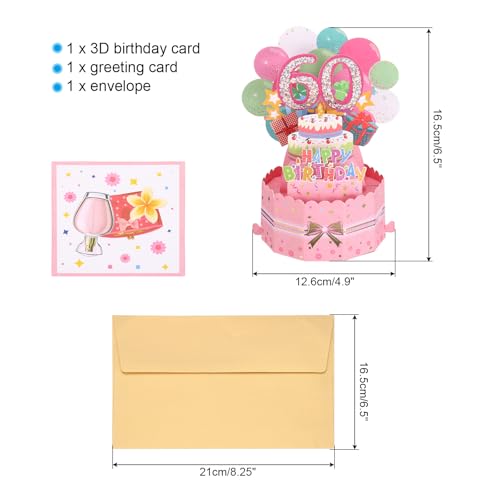 60e verjaardagskaart, Pop Out verjaardagskaart grappig gelukkig verjaardagskaart zoet 3D met wenskaart en envelop voor vrouwen meisje jongen mam geschenk beste vriend decoratie, roze