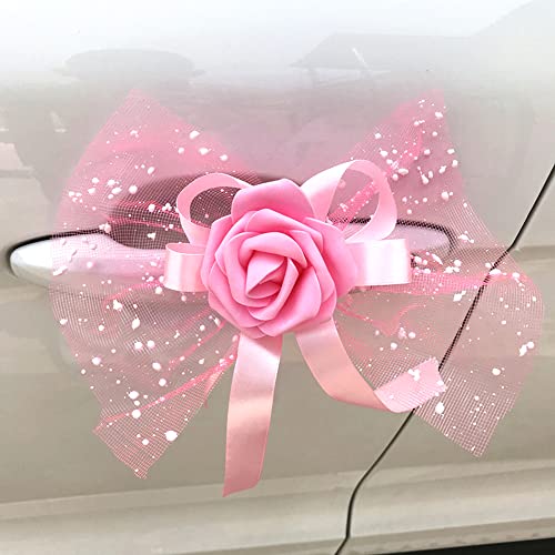 Set van 4 bruiloft auto decoraties - roze bloemen - klaar Made Bows - Antenne Bouwen voor bruiloft decoratie - Car Rearview Mirror - Deurkruk - Decoratieve bloemen - Roze