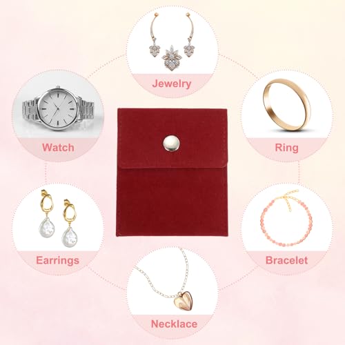 3,5 x 4 inch sieraden zakje, 8 stuks fluweel zakjes Snap knoop draagbare opslagzak voor oorbellen armbanden ketting ringen horloge, rood 5