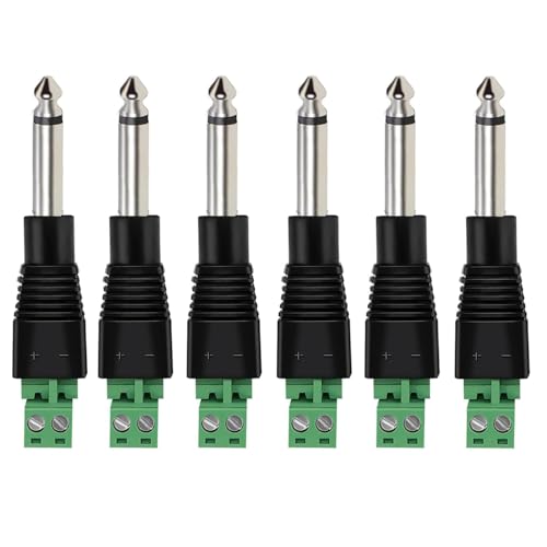 6 st. 6.35mm TS-plug op schroefterminal, 1/4" TS Mono Audio Terminal zonder solderen voor luidsprekermicrofoon, 6.35mm 2-Pin Plug om Terminal Strip te schroeven