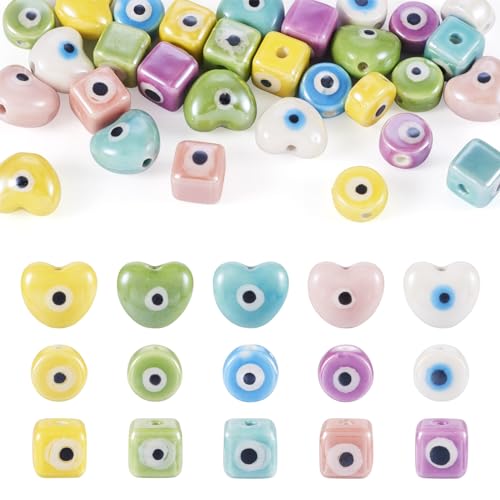 Evil Eye Porselein kralen Kubus Hart Handgemaakt Porselein kralen Flat Ronde Evil Eye Spacer Kralen voor BIY armband ambachten sieraden maken, 30 st