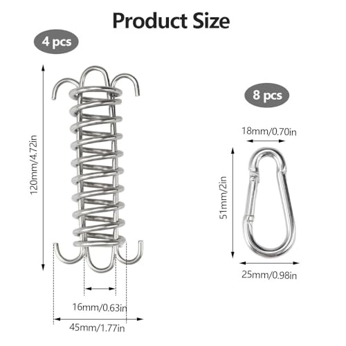 Pak van 4 Springs, Zonzeil met 8 Carabiner Hooks, Roestvrij stalen Springs, Springs, Springs, Springs, Springs, Springs, Zonzeil, Springs met Hooks voor Camping