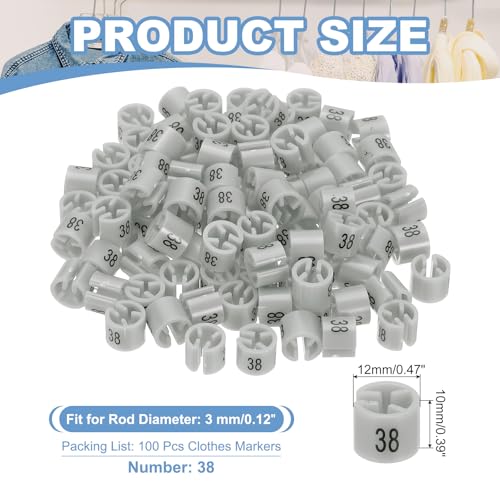 100st Coat Hanger Markers Nummer 38 Tags Fit 3mm Rod Garment Maat Tag Hanger Clips Ronde kleur Coding Label voor kleding Hangers, Grey