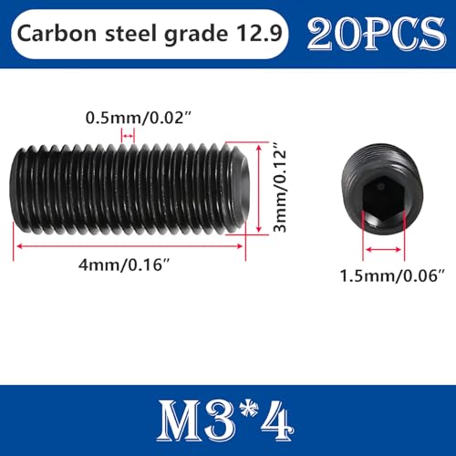 20 st. Koolstofstaal Hexkopschroeven, verzonken Hexkopschroeven, Hex-Socketschroeven, M3*4mm