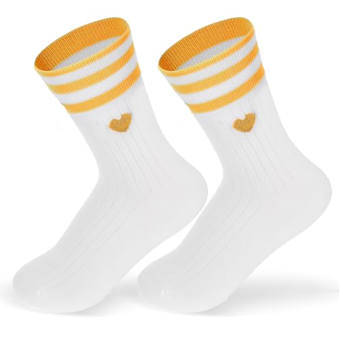 1 paar witte sokken vrouwen 36-43, katoen witte retro tennissokken met harten, ademende katoenen sokken meisjes, tieners (Geel)